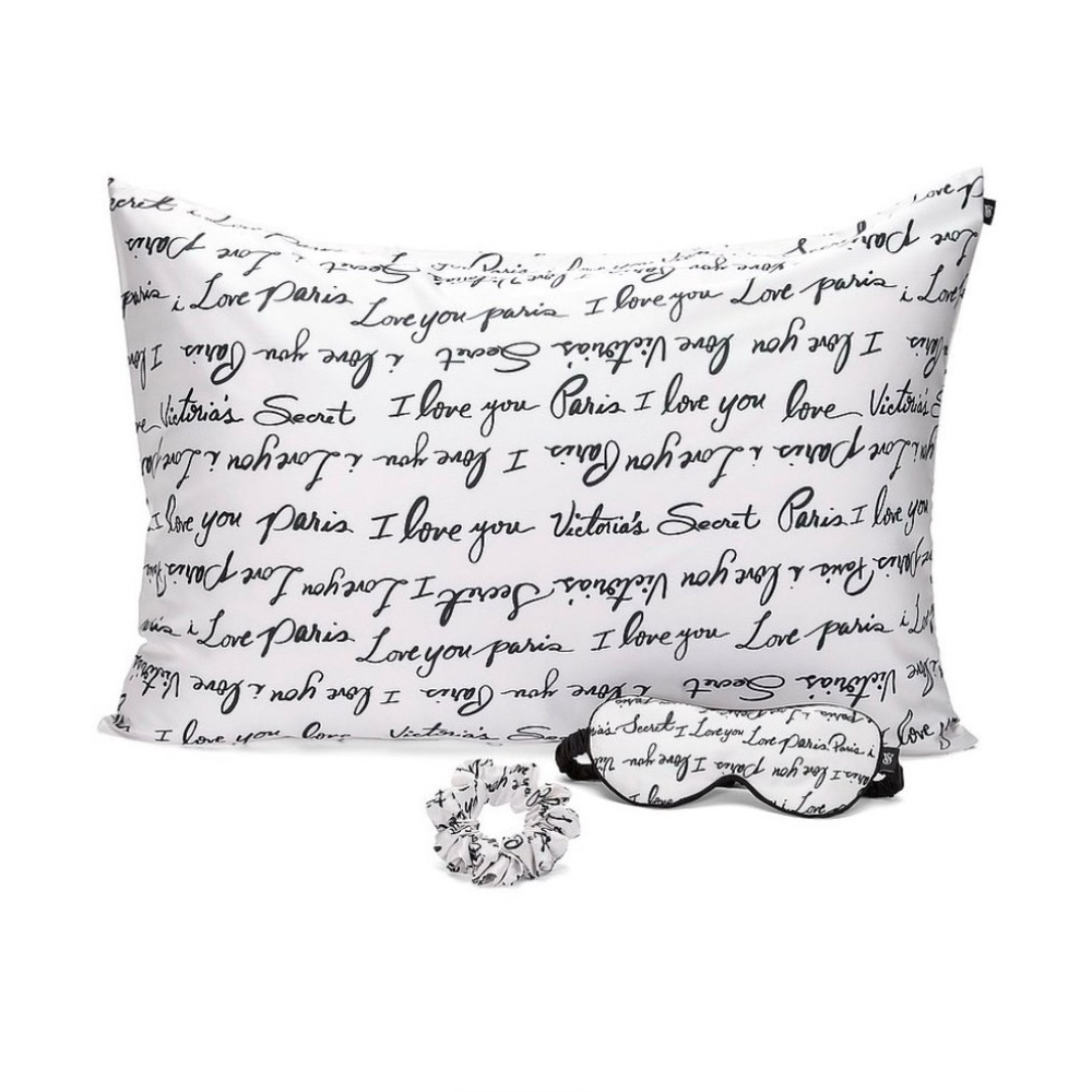Victoria's Secret Satin Script Pillowcase, scrunchie, and Eye Mask Set